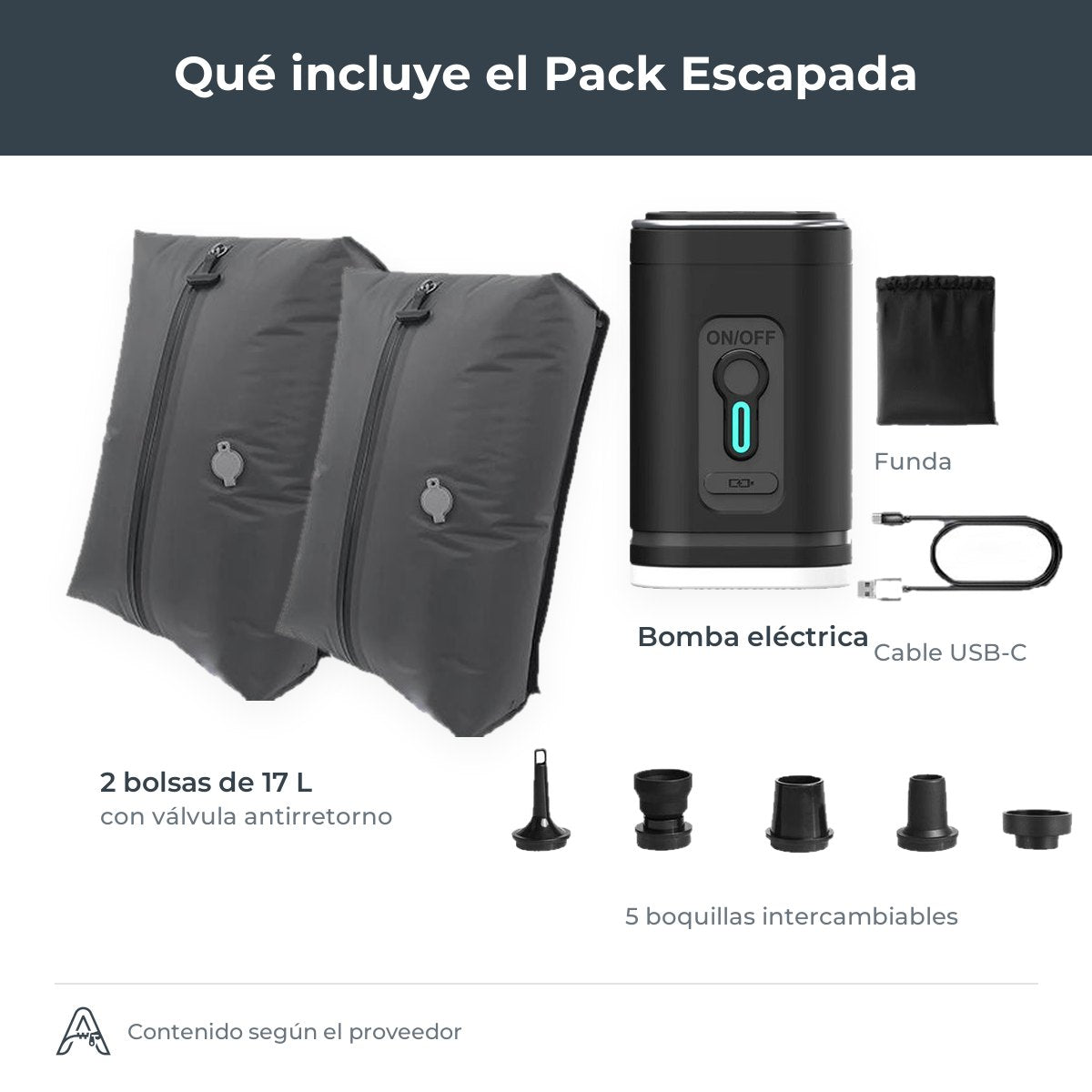 AeroZipper qué incluye el Pack Escapada: 2 bolsas, bomba eléctrica, cable USB-C, funda y 5 boquillas