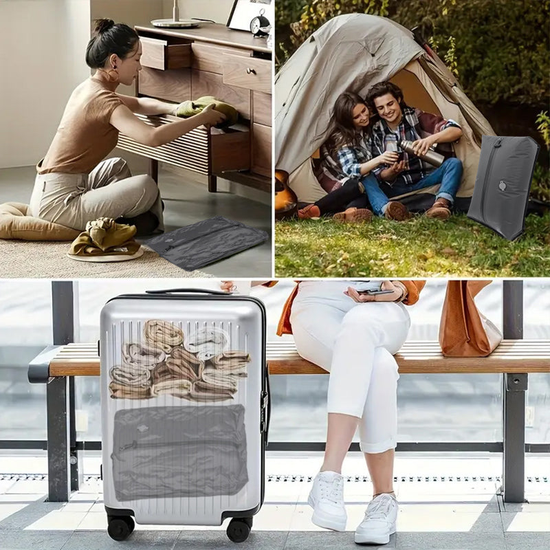 Bolsas de compresión en uso: en casa, de acampada y en una maleta de cabina
