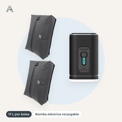 AeroZipper Pack Escapada: dos bolsas de compresión de 17 L y bomba eléctrica recargable