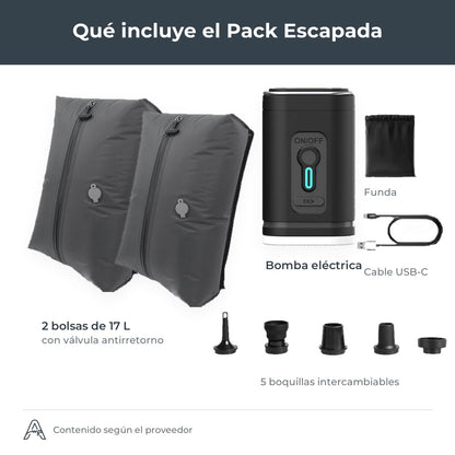 AeroZipper qué incluye el Pack Escapada: 2 bolsas, bomba eléctrica, cable USB-C, funda y 5 boquillas