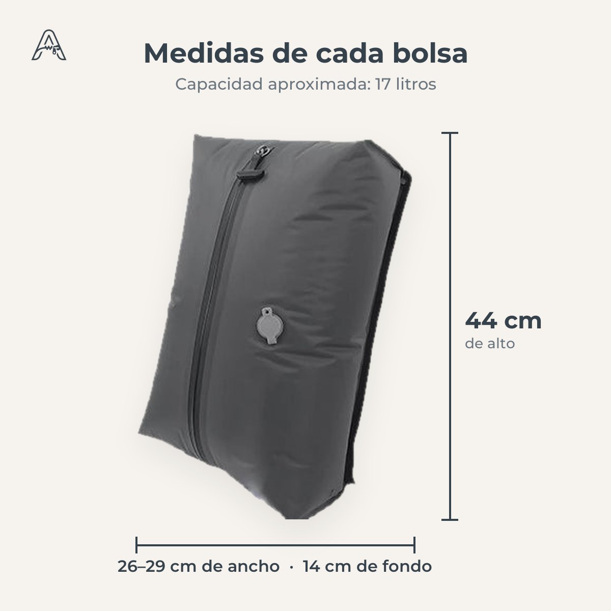 AeroZipper medidas de la bolsa: 44 cm de alto, 26 a 29 cm de ancho y 14 cm de fondo, 17 litros