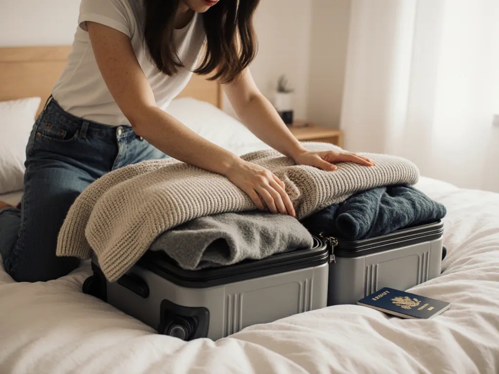 Viajera intentando cerrar una maleta de cabina desbordada de jerséis
