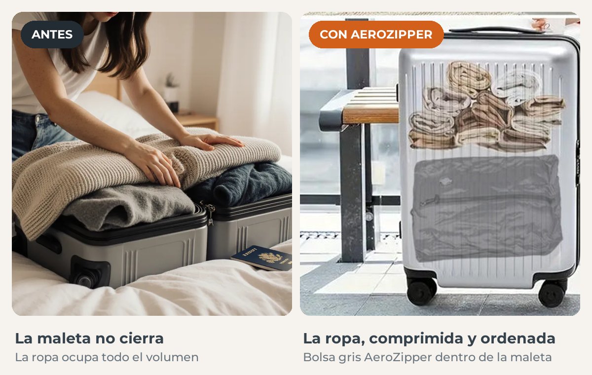 Antes: maleta que no cierra. Con AeroZipper: la ropa comprimida y ordenada en una bolsa gris dentro de la maleta